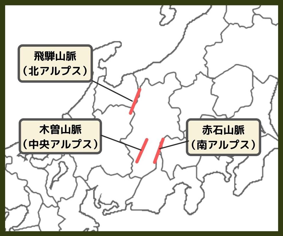 日本アルプス「飛騨山脈」「木曽山脈」「赤石山脈」の位置（イラスト図解）