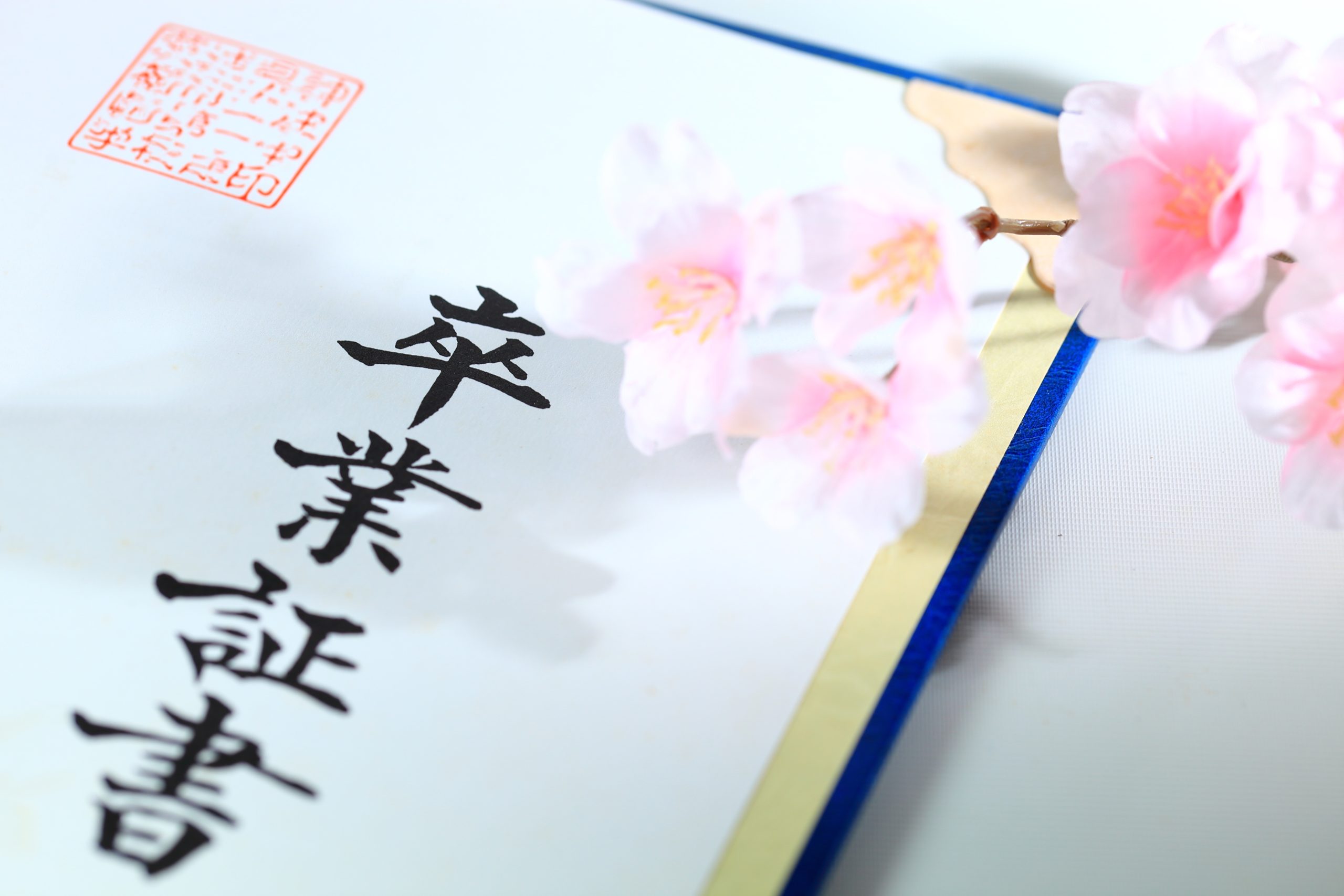 卒業証書と桜の花びら