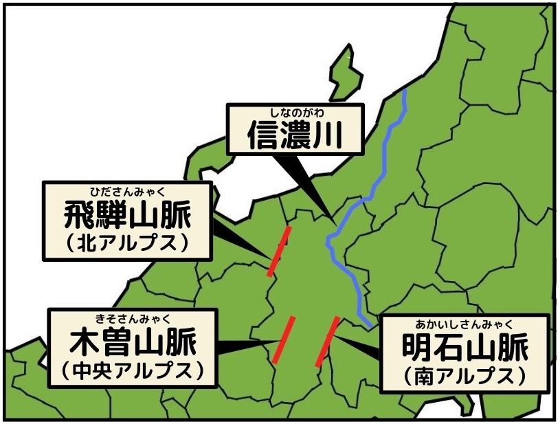 信濃川と日本アルプスの地図上の位置