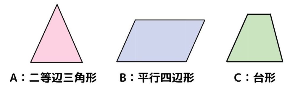 問題選択肢（A：二等辺三角形　B：平行四辺形　C：台形）