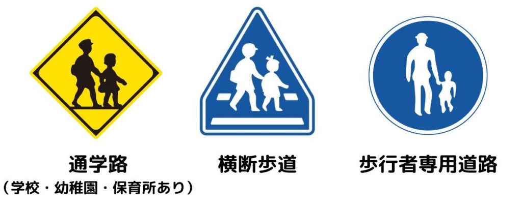道路標識「通学路（学校・幼稚園・保育所あり）」「横断歩道」「歩行者専用道路」