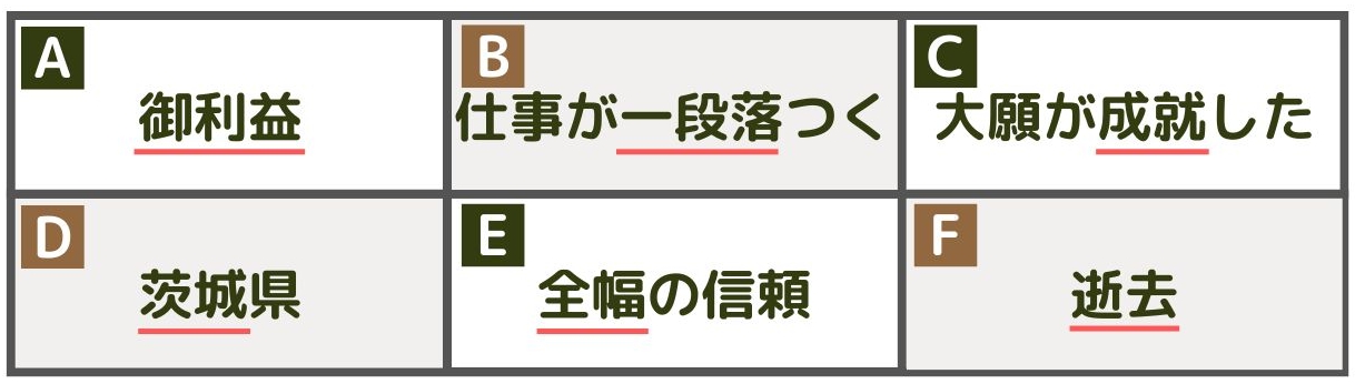 A：【ご利益】、B：仕事が【一段落】つく、C：大願が【成就】した 、D：【茨城】県、E：【全幅】の信頼、F：【逝去】