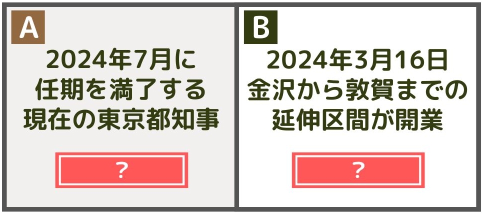 A：2024年7月に人気を満了する現在の東京都知事、（　　　　）。B：2024年3月16日金沢から敦賀までの延伸区間が開業、（　　　　）