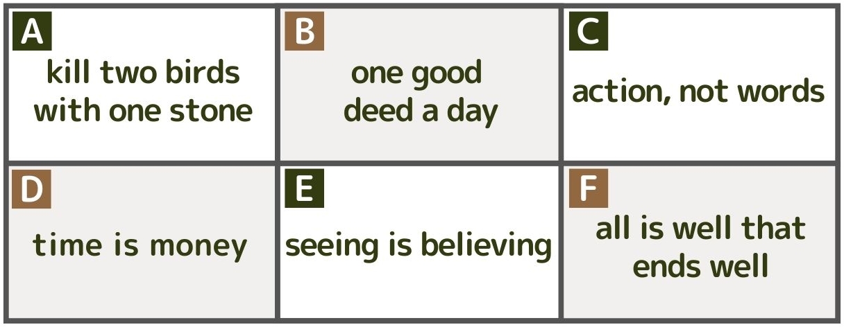 A：kill two birds with one stone、B：one good deed a day、C：action, not words.、D：time is money.、E：seeing is believing.、F：all is well that ends well